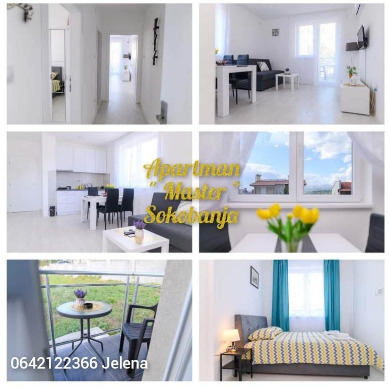 a collage of photos of a kitchen and a living room at Apartman MASTER in Soko Banja
