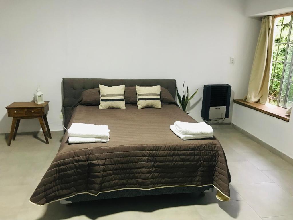1 dormitorio con 1 cama grande y 2 almohadas en Hermosa casa con Jacuzzi y sauna en Chacras de Coria en Ciudad Lujan de Cuyo