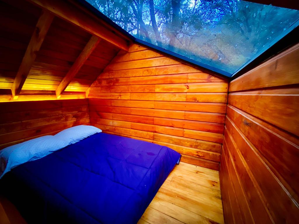 a sauna with a blue bed in a wooden room at Casa Alfeñique in Villa del Carbón