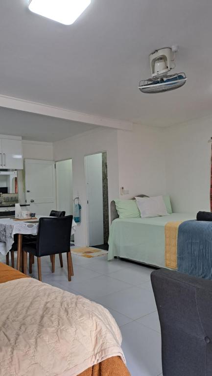 1 Schlafzimmer mit 2 Betten, einem Tisch und einer Küche in der Unterkunft Mead Road Homestay Tours & Transfers Studio Flat 2 in Suva