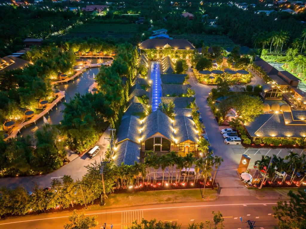 an aerial view of a resort at night at Khum Damnoen Resort in Ratchaburi