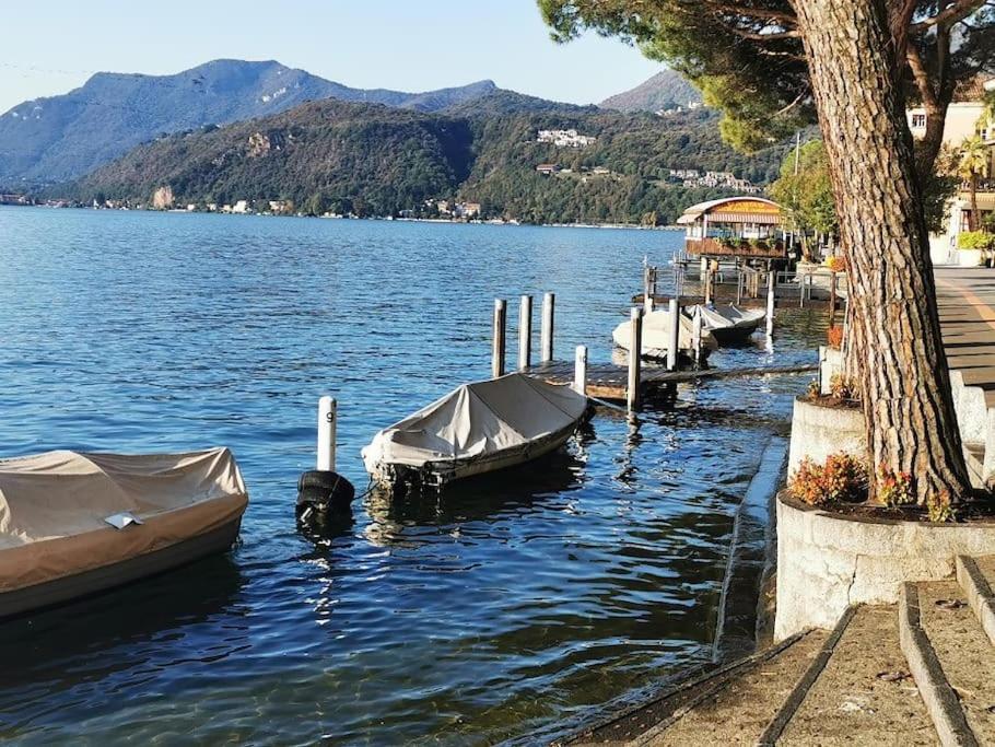 un grupo de barcos atados a un muelle en un lago en Appartamento Ca' Sistina Green a Morcote, en Morcote