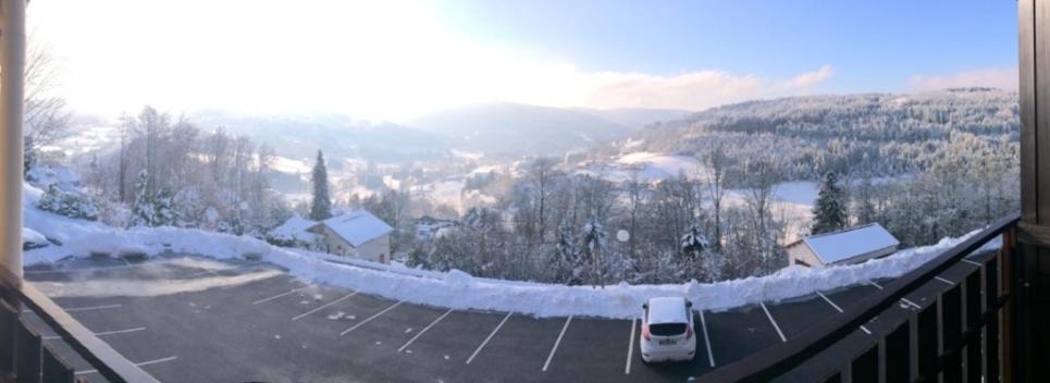 une voiture garée sur un parking avec de la neige dans l'établissement Bellevue, à Le Tholy