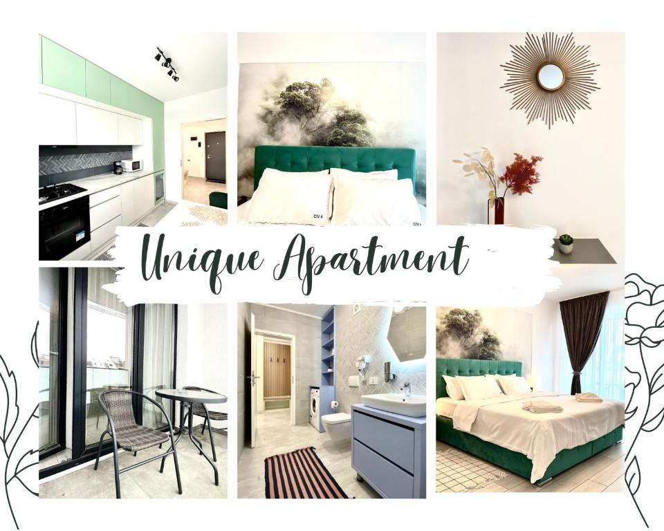 un collage di immagini di una camera da letto e di un appartamento di Unique Apartment a Braşov