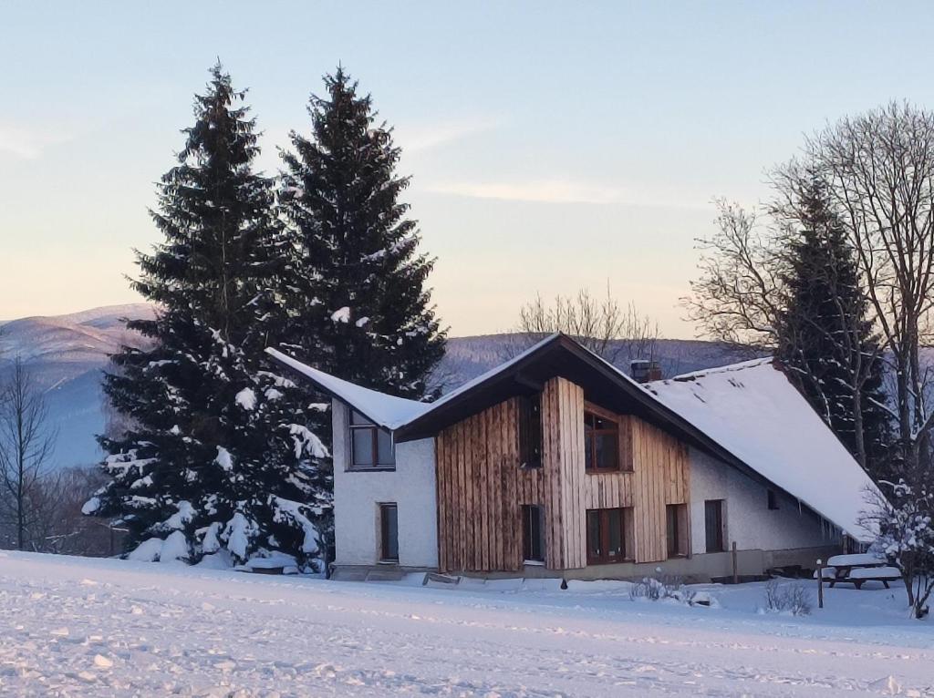 uma casa na neve com árvores em primeiro plano em Šírovka em Horní Polubný