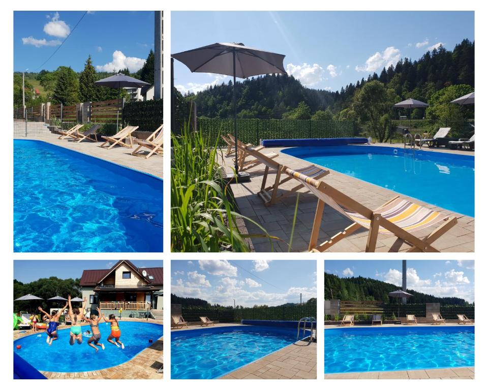 een collage van foto's van een zwembad bij Przystanek Letnisko in Komańcza