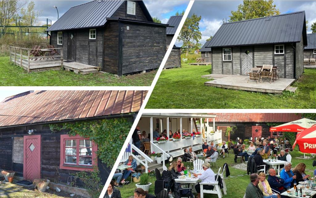 a group of four pictures of a building with people sitting at tables at Kappelshamns Veranda och Fritidsboende in Kappelshamn