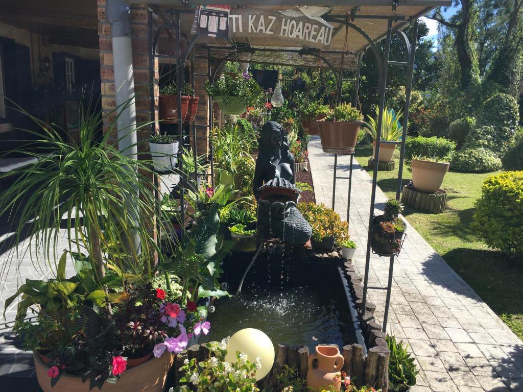 a garden shop with a fountain in a garden at Ti kaz Hoareau in Salazie