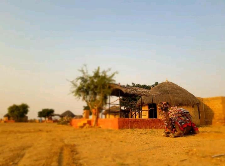 a hut in the middle of a desert with a camel in front at AnanyaVaas in Dedha