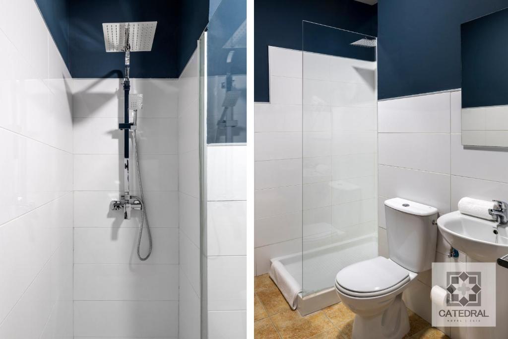 two pictures of a bathroom with a toilet and a sink at Casa Catedral in Seville