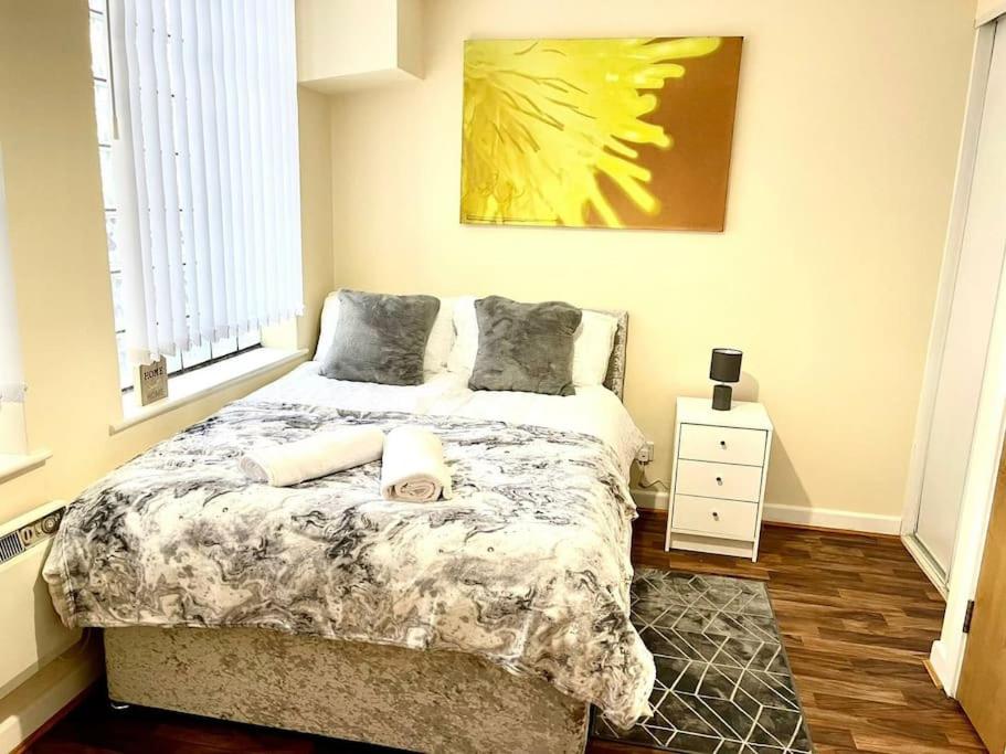 ein Schlafzimmer mit einem Bett und einem Wandgemälde in der Unterkunft Alluring 2 Bedroom Leeds City Centre Apartment- Self Check-in,Balconied Apartment in Leeds
