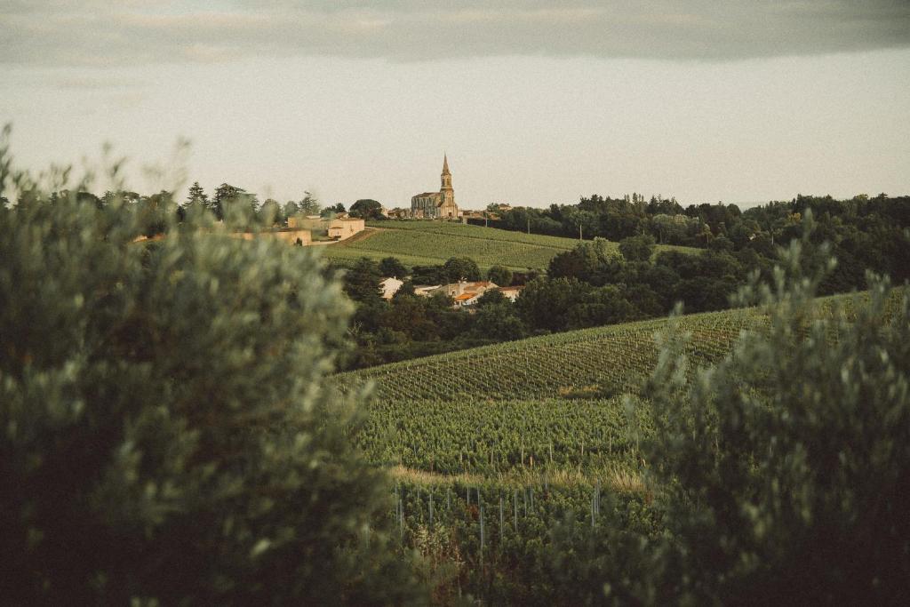 einen Weinberg in der Ferne mit einer Kirche auf einem Hügel in der Unterkunft Jardin Meurin in Tabanac