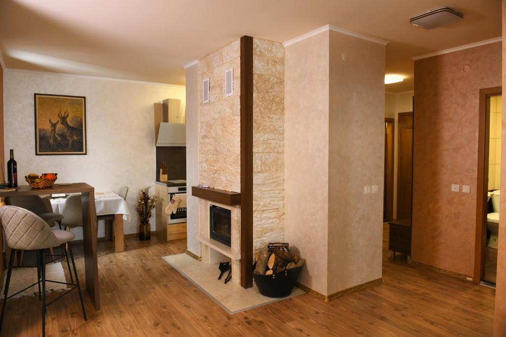 a living room with a fireplace and a kitchen at Apartment Svetoslava in Pamporovo