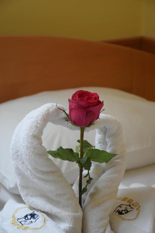 una rosa con una toalla en la cama en Hotel Lupus en Novi Sad