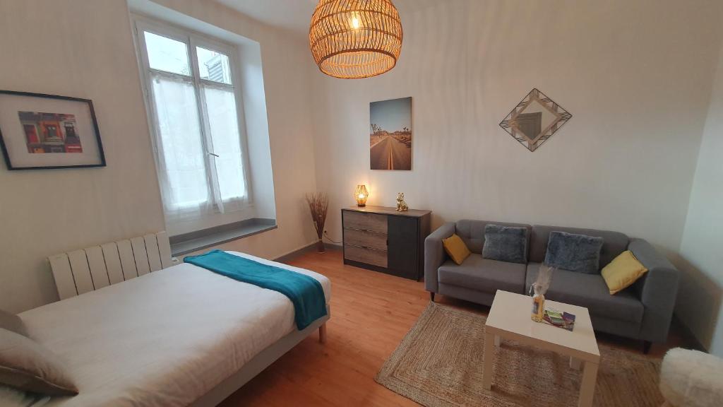 salon z łóżkiem i kanapą w obiekcie Bel appartement en centre-ville avec terrasse w mieście Pau