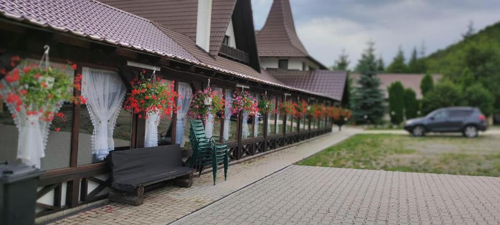 a building with potted plants on the side of it at Pensiunea Steaua Nordului in Vînători