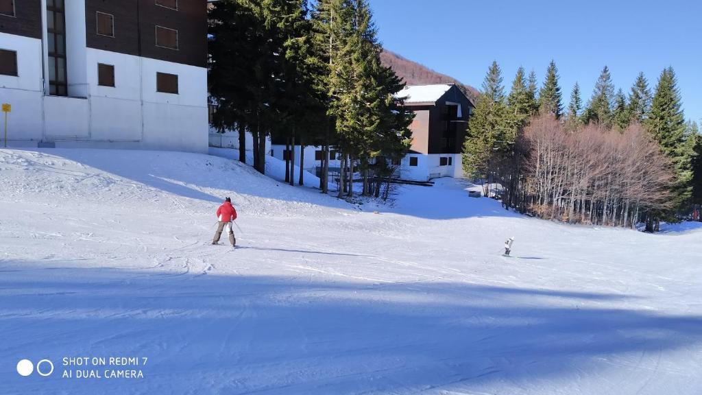 una persona está esquiando por una pista cubierta de nieve en Sulle piste da sci en Abetone