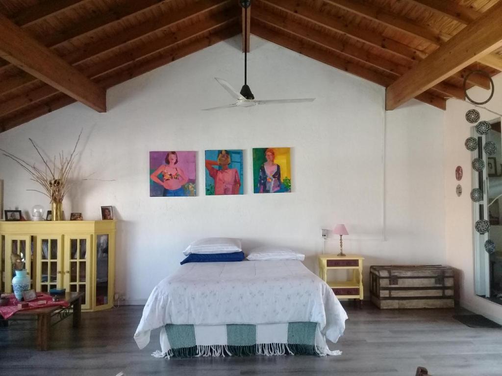 a bedroom with a bed and some pictures on the wall at La casa de los murales in Avellaneda