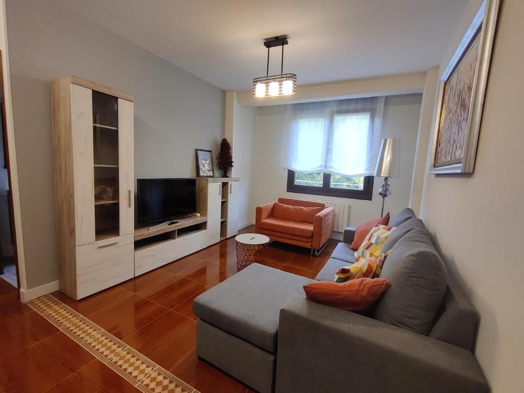 a living room with a couch and a television at Piso Bilbao San Mamés in Bilbao