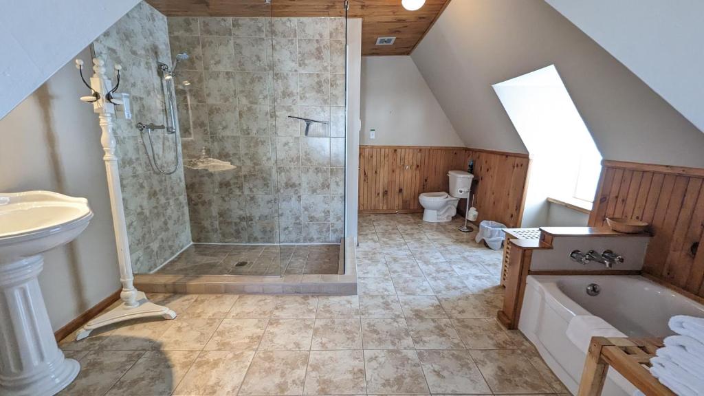 a bathroom with a shower and a sink and a toilet at La Gentilhommière Motel et Suite A Vue sur Mer in Saint-Siméon