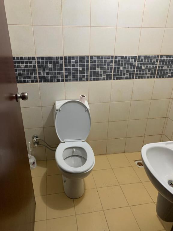 La salle de bains est pourvue de toilettes et d'un lavabo. dans l'établissement Amkara apart hostel 5, à Altındağ