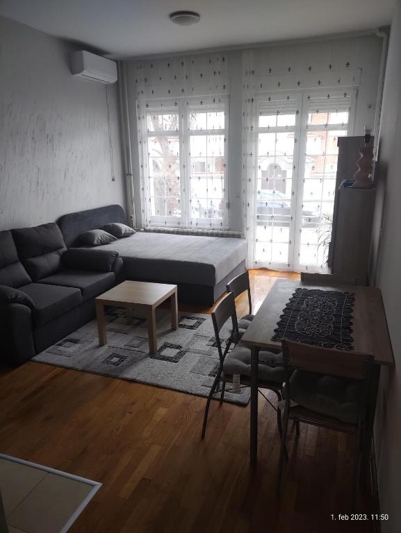 ein Wohnzimmer mit einem Bett und einem Sofa in der Unterkunft SUMICE apartment in Belgrad