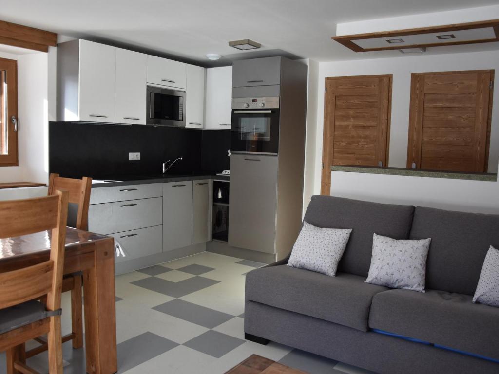 un salon avec un canapé et une cuisine dans l'établissement Charmant T2 avec terrasse, quartier calme, proche commerces et téléphérique - FR-1-464-142, à Pralognan-la-Vanoise