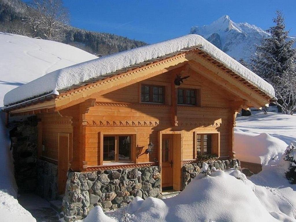 une cabane en rondins avec de la neige sur le toit dans l'établissement Adler 2 Bett Wohnung, à Grindelwald