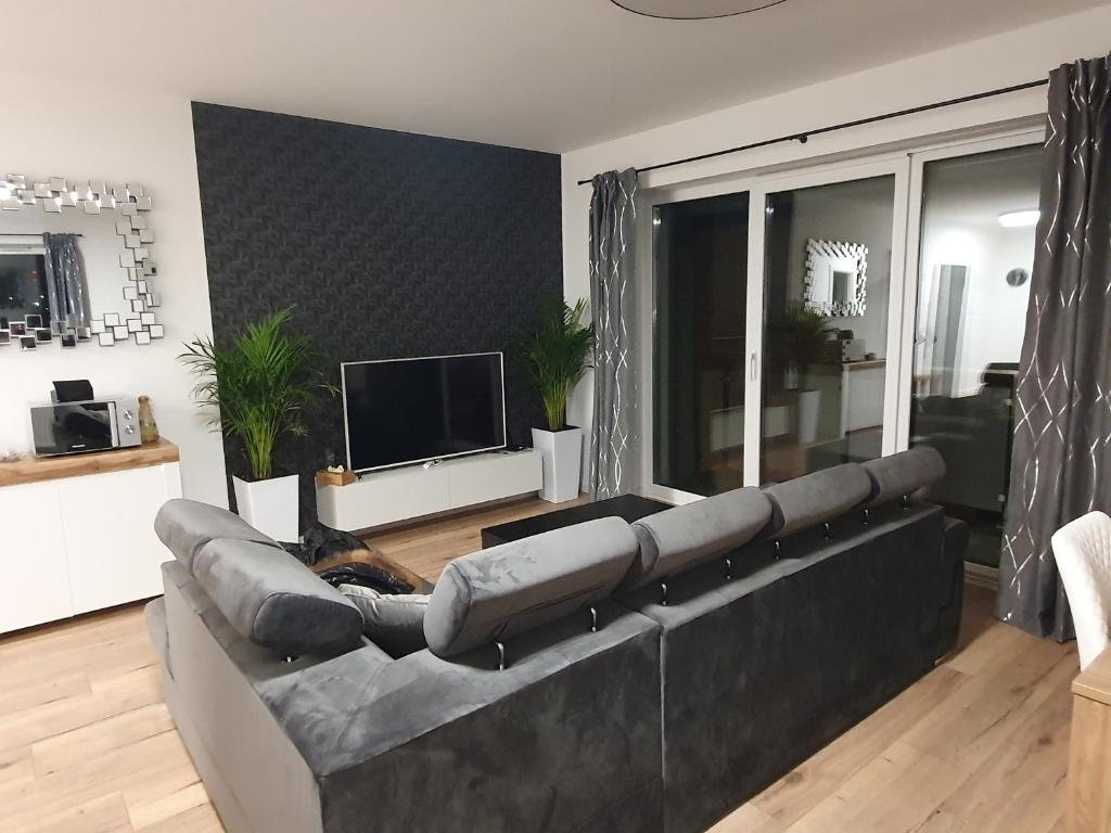 a living room with a couch and a television at Premium Apartaments-Chociszewskiego 6 c in Leszno