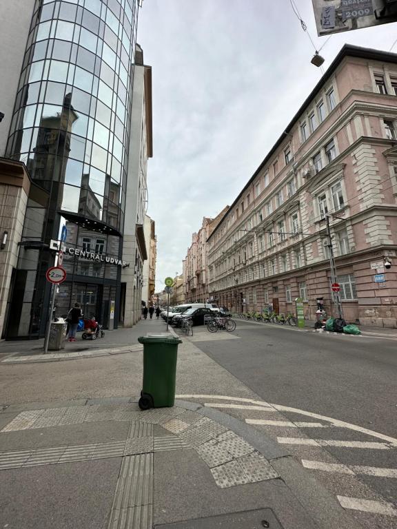 una calle de la ciudad con edificios altos y un cubo de basura en Dolce Vita Budapest en Budapest