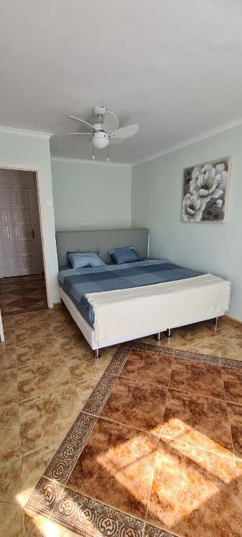 een slaapkamer met een bed en een plafondventilator bij Casa Mia in Caleta De Fuste