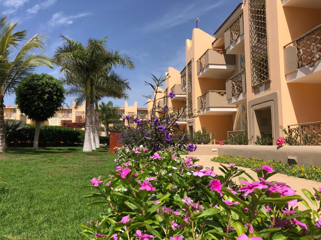 - une vue sur l'extérieur d'un bâtiment orné de fleurs roses dans l'établissement Tropical Morabeza Apartment Santa Maria, à Santa Maria