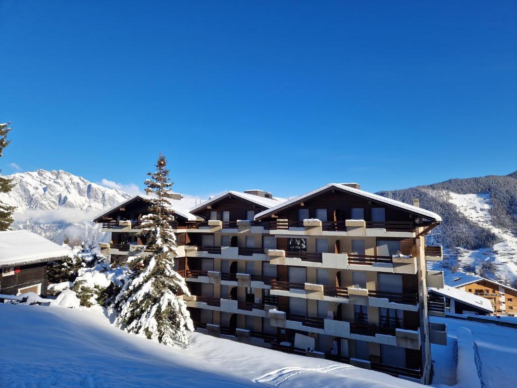 ein Hotel im Schnee in den Bergen in der Unterkunft Appartement LaForet 86 in La Tzoumaz