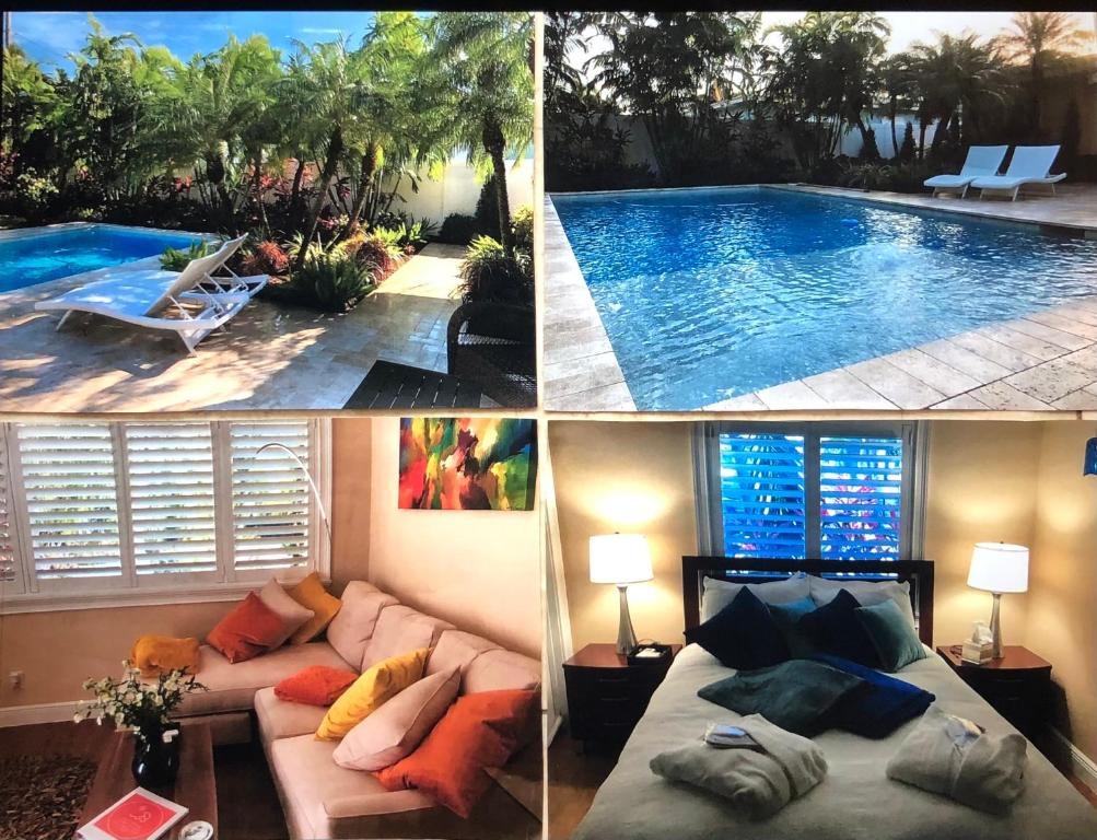 a collage of three pictures of a living room with a pool at Private bedroom & den suite with shared pool & tropical garden in Fort Lauderdale