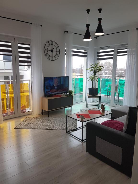 別爾斯科－比亞瓦的住宿－!KOMFORT APARTAMENT KUSTRONIA Garaż Balkon Wanna，带沙发和电视的客厅