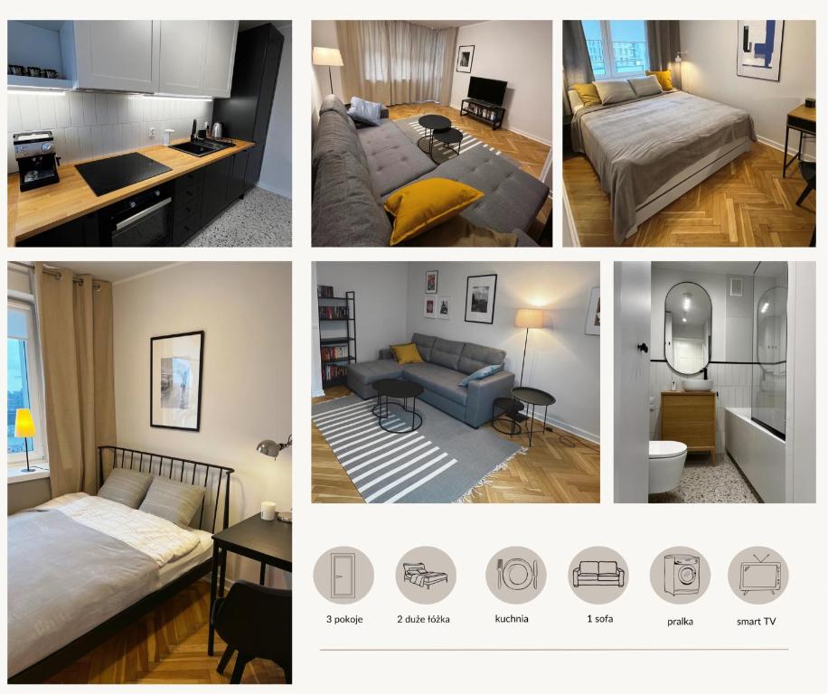 a collage of four pictures of a room at OhMyHome - Platynowa in Warsaw