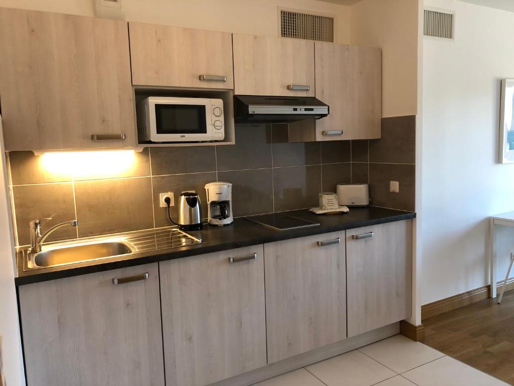 a kitchen with a sink and a microwave at Villa Médicis Trouville-sur-mer in Trouville-sur-Mer