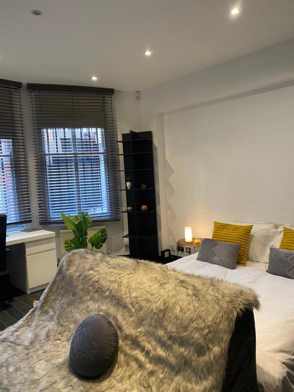 a bedroom with two beds with a baseball laying on the bed at Beautiful Modern studio in High Street Kensington in London