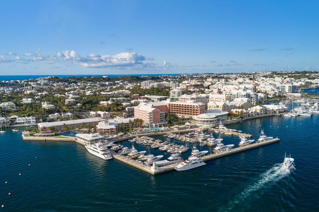 an aerial view of a marina with boats in the water at Hamilton Princess & Beach Club A Fairmont Managed Hotel in Hamilton