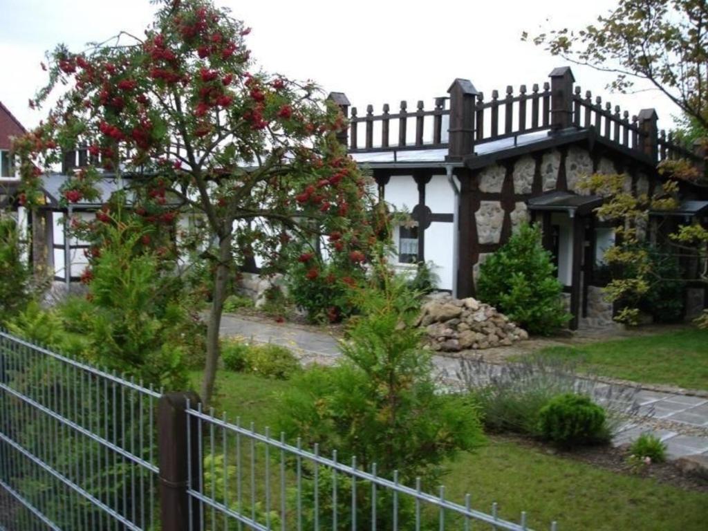 una casa con una valla y un árbol con rosas rojas en Ferienwohnung in der Seenlandschaft, en Godern