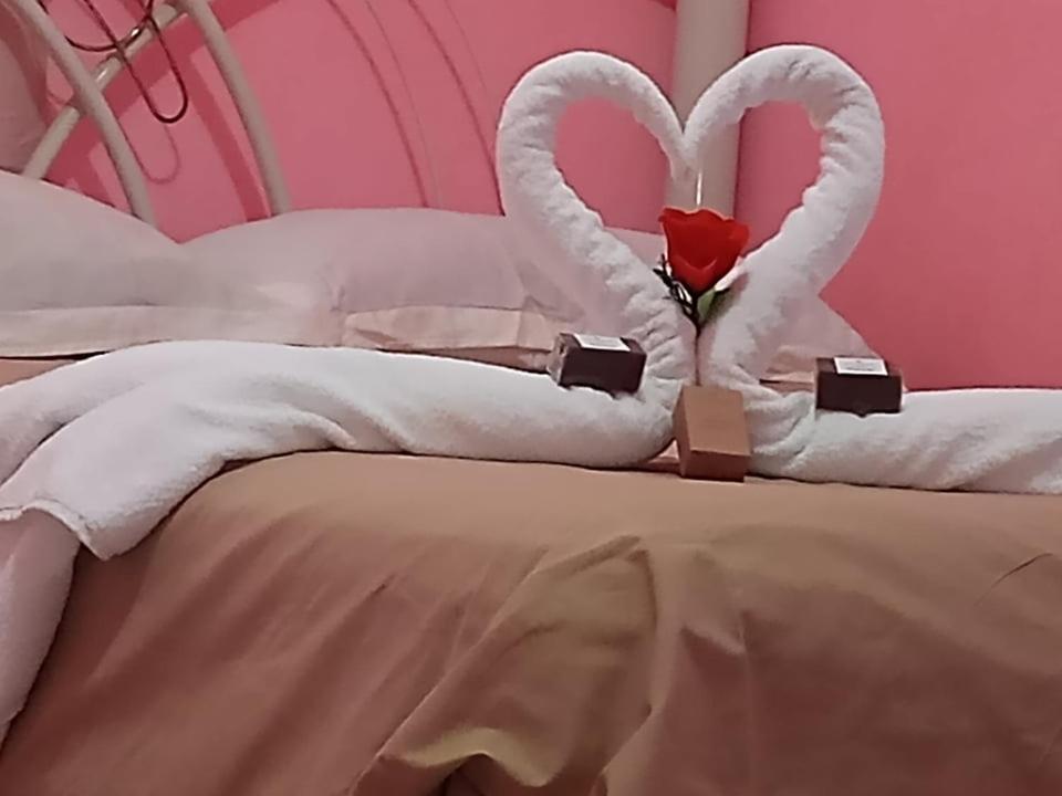 uma cama com dois cisnes e uma rosa em Pousda kurasi alter em Alter do Chão