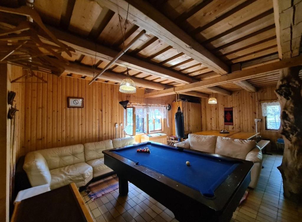 ein Wohnzimmer mit einem Billardtisch in der Unterkunft Chata pri Veľkej Rači in Oščadnica