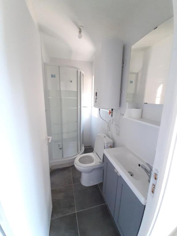 Baño blanco con aseo y lavamanos en Résidence du Houx - 5 (Astérix, Aéroport CDG, Chantilly, Parc des expos...)) en Survilliers