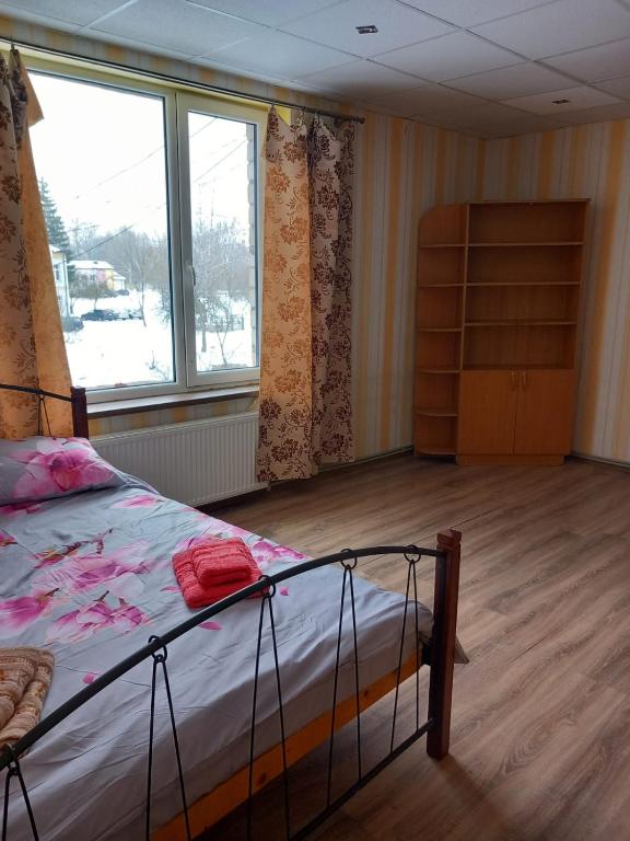um quarto com uma cama e uma grande janela em Balvu Centrs 2 Partizanu iela 10 em Balvi