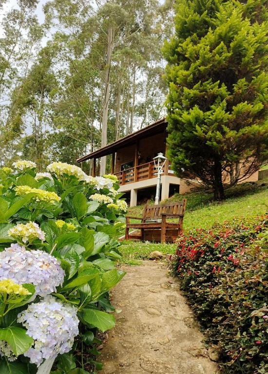 a path leading to a house with a bench and flowers at RIFUGIO DEL TRAMONTO in Monte Verde