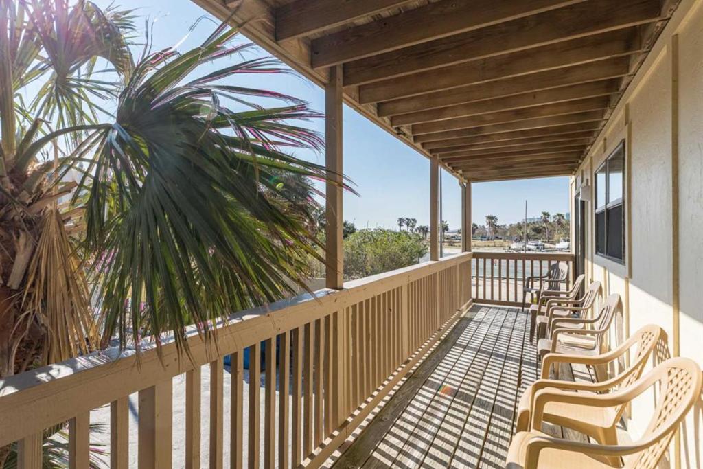 a deck with chairs and a palm tree on a house at Lei Lani Village 114 in Orange Beach
