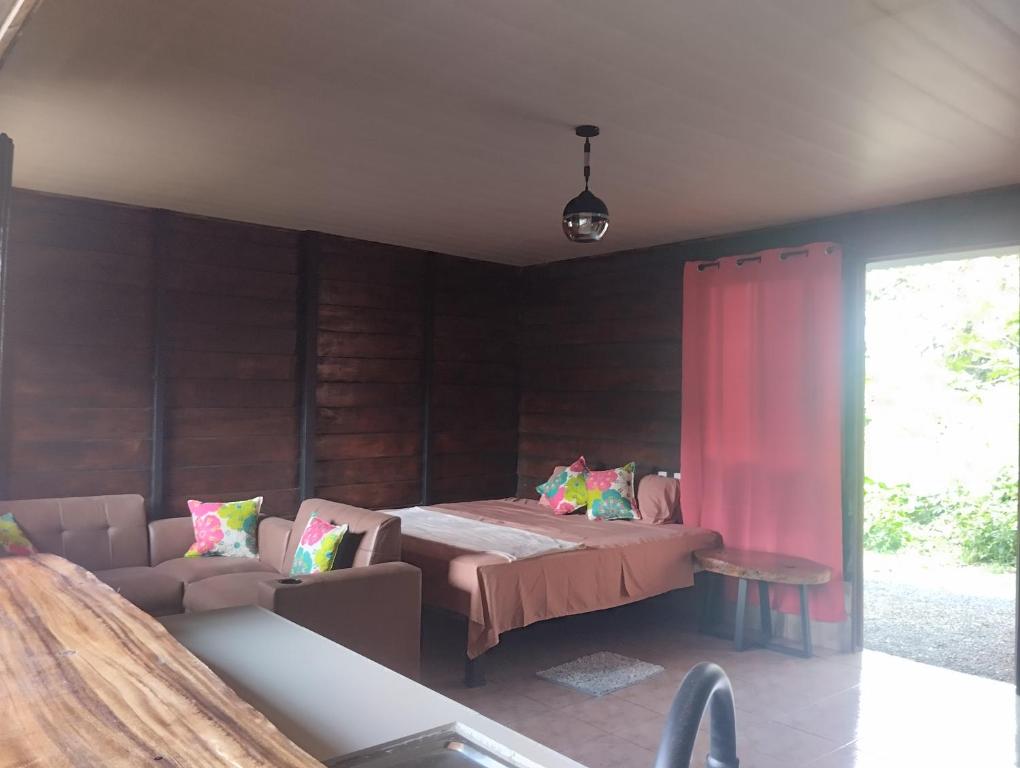 a bedroom with a bed and a couch in a room at Cabaña Dalia in Fortuna