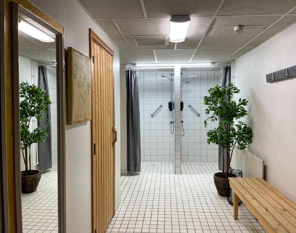 y baño con cabina de ducha y ducha a ras de suelo. en Säters Stadshotell, en Säter
