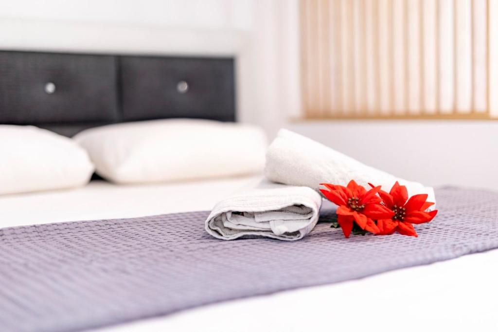 Posteľ alebo postele v izbe v ubytovaní TwinStars Superior Apartment