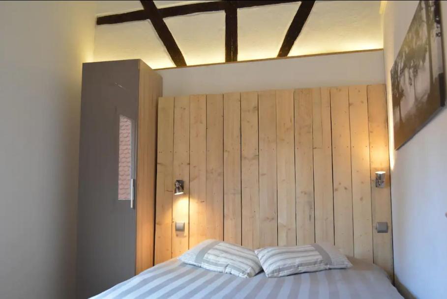 a bedroom with a bed with a wooden wall at Bretzel &amp; Raisin - Hypercentre de Colmar in Colmar